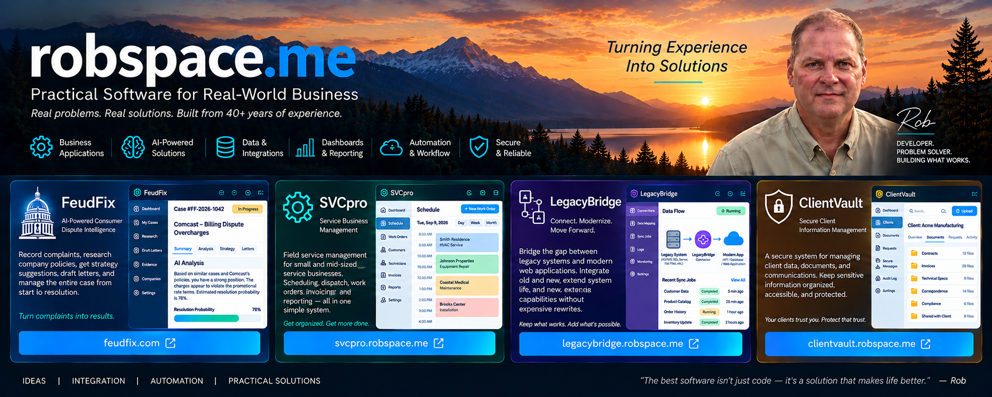 Robspace software studio and four featured applications: FeudFix, SVCpro, LegacyBridge, and ClientVault